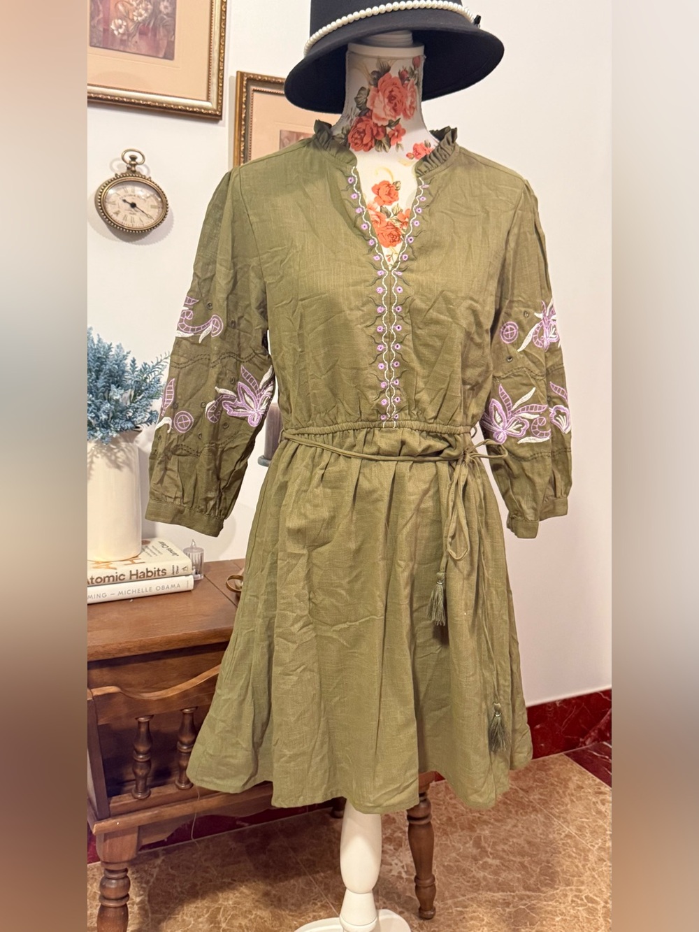 Olive Green Embroidered Tie-Waist Midi Dress